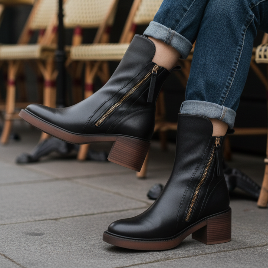 Valorine - Black leather boots with a comfortable heel
