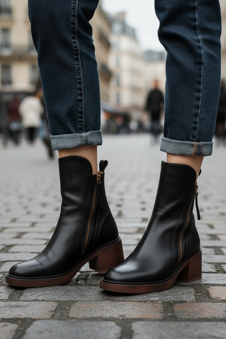 Valorine - Black leather boots with a comfortable heel