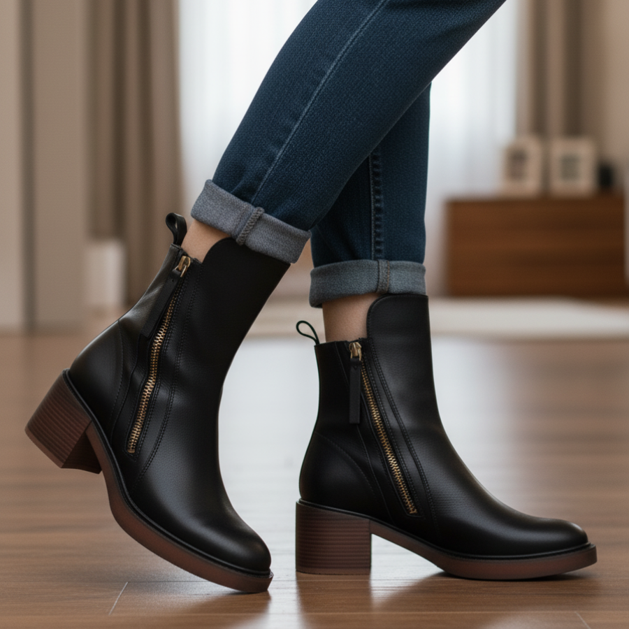 Valorine - Black leather boots with a comfortable heel