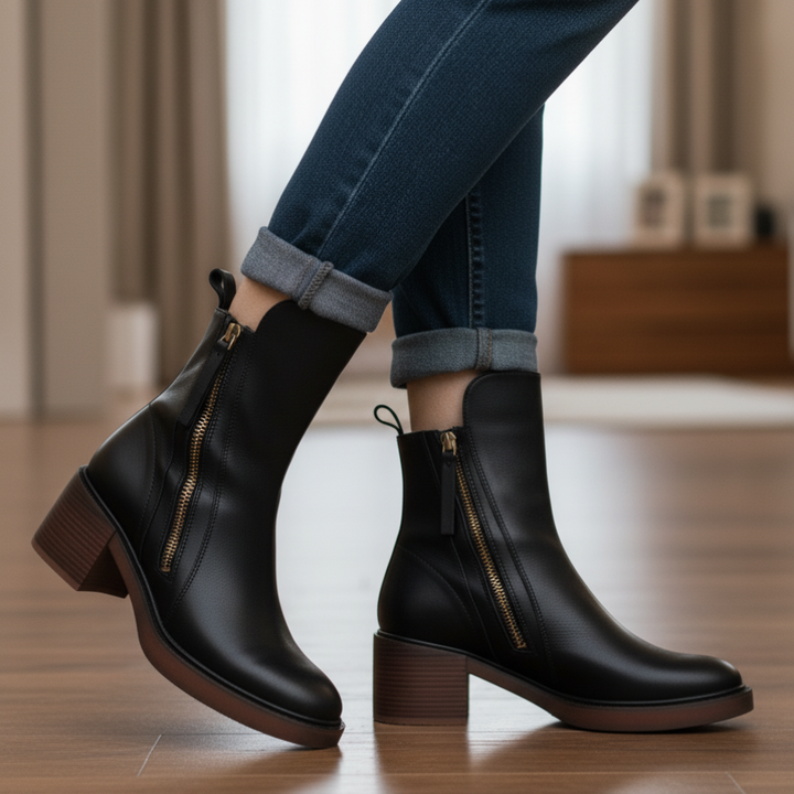 Valorine - Black leather boots with a comfortable heel