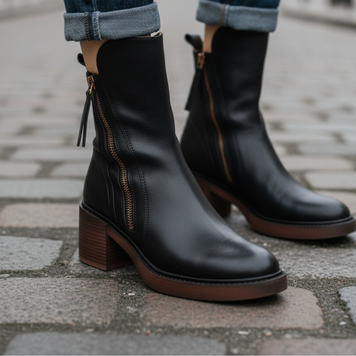 Valorine - Black leather boots with a comfortable heel