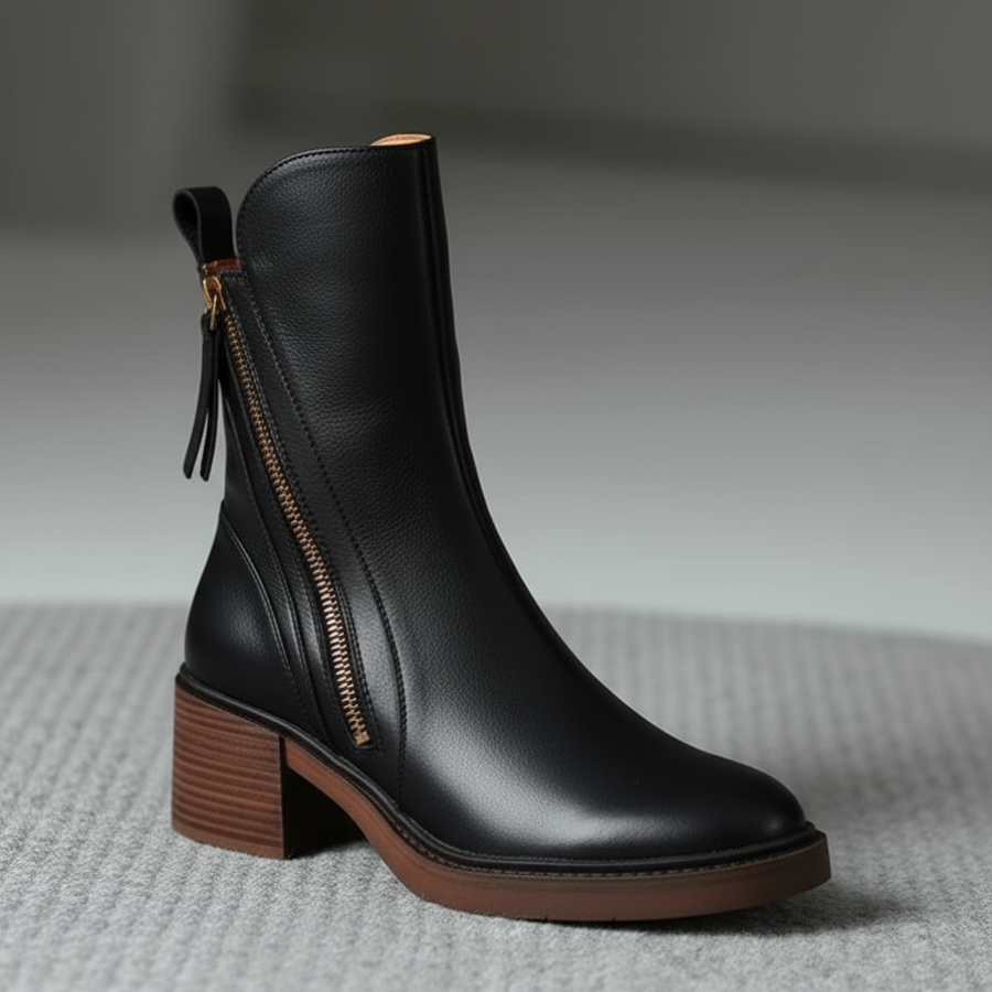 Valorine - Black leather boots with a comfortable heel